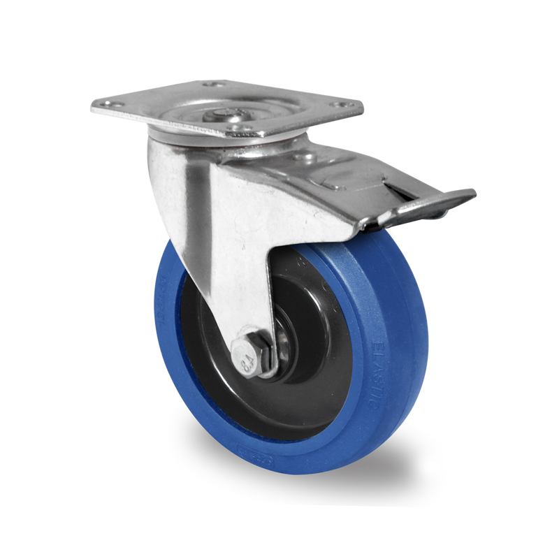 Blue Elastic Tyre with Black Nylon Centre, Swivel Top Plate Castor with Trailing/Front Brake