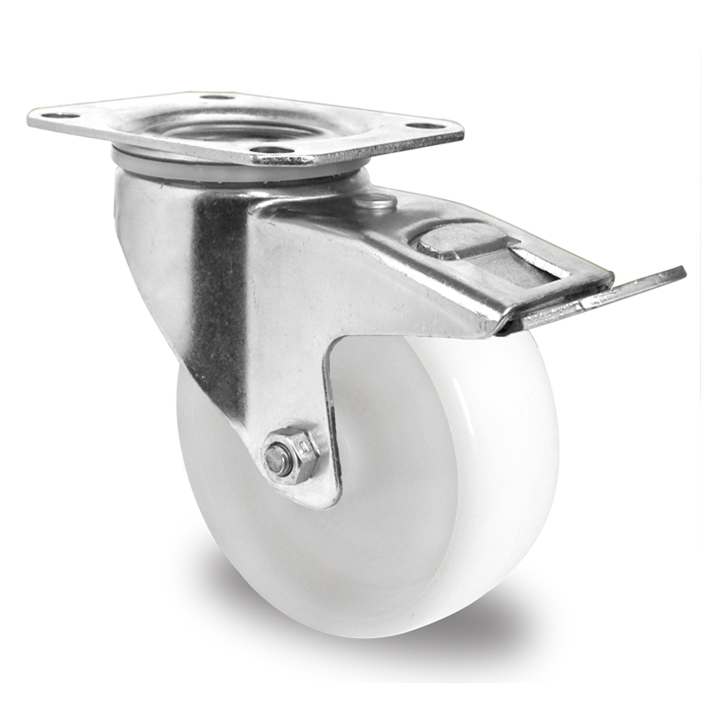 White Polypropylene Solid Wheel, Stainless Steel Swivel Top Plate Castor with Brake