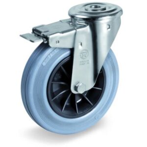 Non-Marking Rubber Tyre with Black Polypropylene Centre, Bolt Hole Castor with Brake, NL Duty