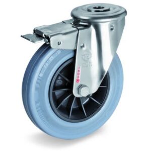 Non-Marking Rubber Tyre with Black Polypropylene Centre, Stainless Steel Bolt Hole Castor with Brake, NLX Duty
