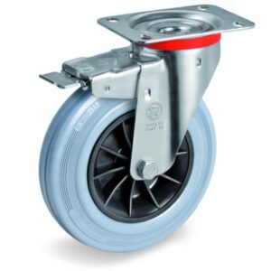 Non-Marking Rubber Tyre with Black Polypropylene Centre, Swivel Top Plate Castor with Brake, NL Duty
