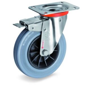 Non-Marking Rubber Tyre with Black Polypropylene Centre, Stainless Steel Swivel Top Plate Castor with Brake, NLX Duty