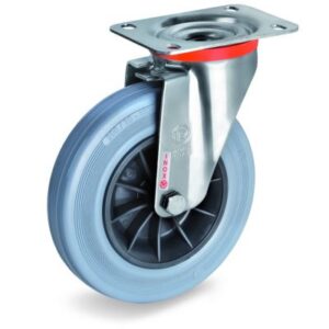 Non-Marking Rubber Tyre with Black Polypropylene Centre, Stainless Steel Swivel Top Plate Castor, NLX Duty