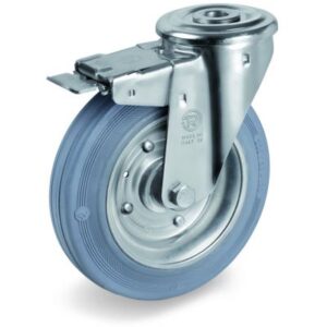 Non-Marking Rubber Tyre with Pressed Steel Centre, Bolt Hole Castor with Brake, NL Duty