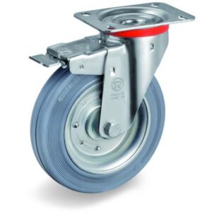 Non-Marking Rubber Tyre with Pressed Steel Centre, Swivel Top Plate Castor with Brake, NL Duty