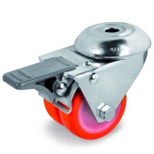 Injection Polyurethane Tyre Bonded to Nylon Centre, Twin Wheel Bolt Hole Castor with Brake