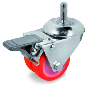 Injection Polyurethane Tyre Bonded to Nylon Centre, Twin Wheel Bolt Hole Castor with Threaded Stem & Brake