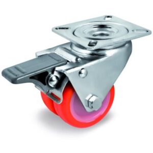 Injection Polyurethane Tyre Bonded to Nylon Centre, Twin Wheel Swivel Top Plate Castor with Brake
