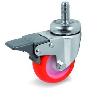 Injection Polyurethane Tyre Bonded to Nylon Centre, Bolt Hole Castor with Brake & Threaded Stem