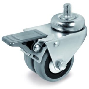 Grey Rubber Small Wheel, Twin Wheel Bolt Hole Castor with Brake & Threaded Stem