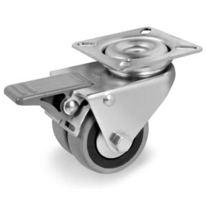 Grey Rubber Small Wheel, Twin Wheel Swivel Top Plate Castor with Brake