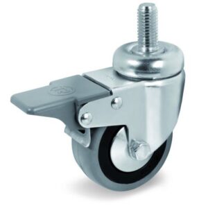 Grey Rubber Small Wheel, Bolt Hole Castor with Brake & Threaded Stem