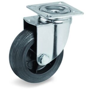 Black Rubber Tyre with Black Plastic Centre, Institutional Swivel Top Plate Castors