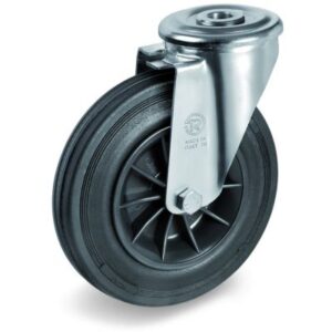 Black Rubber Tyre with Black Plastic Centre, Bolt Hole Castor, NL Duty