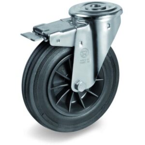Black Rubber Tyre with Black Plastic Centre, Bolt Hole Castor with Brake, NL Duty