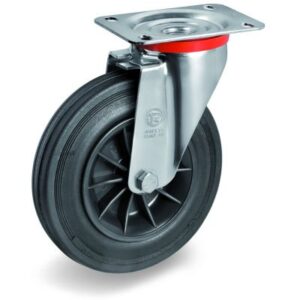 Black Rubber Tyre with Black Plastic Centre, Swivel Top Plate Castor, NL Duty