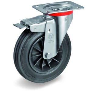 Black Rubber Tyre with Black Plastic Centre, Swivel Top Plate Castor with Brake, NL Duty