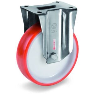 Injection Moulded Polyurethane Tyre Bonded to Nylon Centre, Stainless Steel Fixed Top Plate Castor, NLX Duty