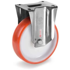 Injection Moulded Polyurethane Tyre Bonded to Nylon Centre, Stainless steel Fixed Top Plate Castor, PX Duty
