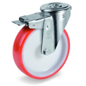 Injection Moulded Polyurethane Tyre Bonded to Nylon Centre, Bolt Hole Castor with Brake, NL Duty