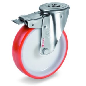 Injection Moulded Polyurethane Tyre Bonded to Nylon Centre, Stainless Steel Bolt Hole Castor with Brake, NLX Duty