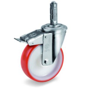 Injection Moulded Polyurethane Tyre Bonded to Nylon Centre, Bolt Hole Castor with Brake and Steel Expander, NL Duty