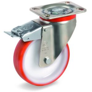 Injection Moulded Polyurethane Tyre Bonded to Nylon Centre, Swivel Top Plate Castor with Brake, P Duty