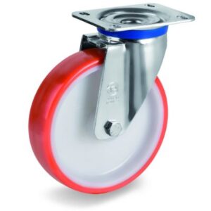 Injection Moulded Polyurethane Tyre Bonded to Nylon Centre, Swivel Top Plate Castor, M Duty
