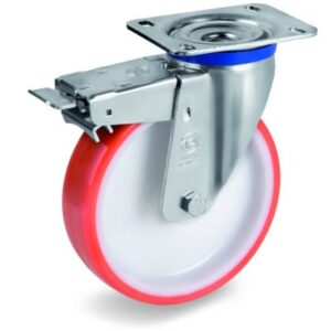 Injection Moulded Polyurethane Tyre Bonded to Nylon Centre, Swivel Top Plate Castor with Brake, M Duty