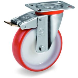 Injection Moulded Polyurethane Tyre Bonded to Nylon Centre, Swivel Top Plate Castor with Brake, NL Duty
