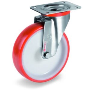 Injection Moulded Polyurethane Tyre Bonded to Nylon Centre, Stainless Steel Swivel Top Plate Castor, NLX Duty