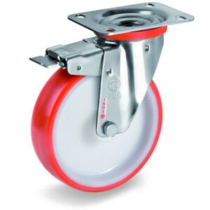 Injection Moulded Polyurethane Tyre Bonded to Nylon Centre, Stainless Steel Swivel Top Plate Castor with Brake, NLX Duty