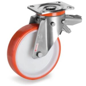 Injection Moulded Polyurethane Tyre Bonded to Nylon Centre, Stainless steel Swivel Top Plate Castor with a brake, PX Duty