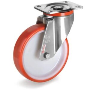 Injection Moulded Polyurethane Tyre Bonded to Nylon Centre, Stainless steel Swivel Top Plate Castor, PX Duty