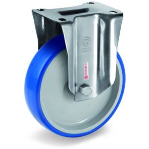 Soft Polyurethane Tyre Bonded to Grey Nylon Centre, Stainless Steel Fixed Top Plate Castor, NLX Duty