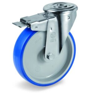 Soft Polyurethane Tyre Bonded to Grey Nylon Centre, Bolt Hole Castor with Brake, NL Duty