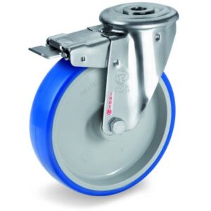 Soft Polyurethane Tyre Bonded to Grey Nylon Centre, Stainless Steel Bolt Hole Castor with Brake, NLX Duty