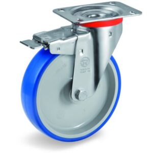 Soft Polyurethane Tyre Bonded to Grey Nylon Centre, Swivel Top Plate Castor with Brake, NL Duty