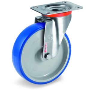 Soft Polyurethane Tyre Bonded to Grey Nylon Centre, Stainless Steel Swivel Top Plate Castor, NLX Duty