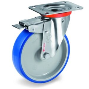 Soft Polyurethane Tyre Bonded to Grey Nylon Centre, Stainless Steel Swivel Top Plate Castor with Brake, NLX Duty