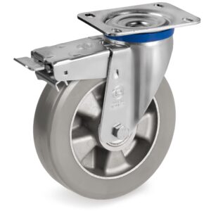 ESD “TR-ROLL” POLYURETHANE WHEELS, ALUMINIUM CENTRE, SWIVEL TOP PLATE CASTOR, WITH A TRAILING/FRONT BRAKE, M DUTY