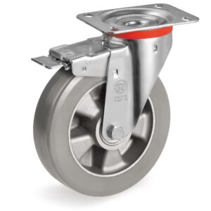 ESD “TR-ROLL” POLYURETHANE WHEELS, ALUMINIUM CENTRE, SWIVEL TOP PLATE CASTOR, WITH A TRAILING/FRONT BRAKE, NL DUTY
