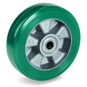 Green Elastic Polyurethane Tyre Bonded to Aluminium Centre, Wheel, Ball Bearing Facility