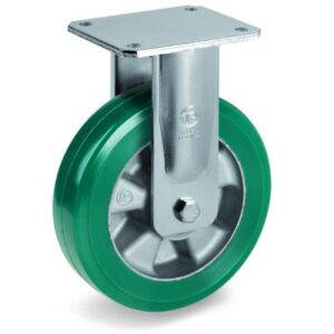 Green Elastic Polyurethane Tyre Bonded to Aluminium Centre, Electro Welded Fixed Top Plate Castor, EE MHD Duty