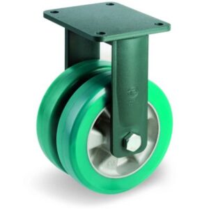 Green Elastic Polyurethane Tyre Bonded to Aluminium Centre, Electro Welded Fixed Top Plate Castor, EEG HD Duty