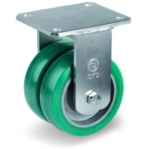 Green Elastic Polyurethane Tyre Bonded to Aluminium Centre, Electro Welded Fixed Top Plate Castor, EEG MHD Duty