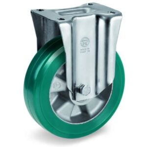 GREEN ELASTIC POLYURETHANE TYRE BONDED TO ALUMINIUM CENTRE, FIXED TOP PLATE CASTOR, M DUTY