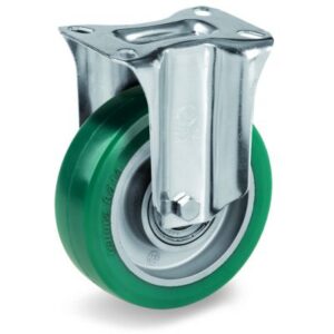 Green Elastic Polyurethane Tyre Bonded to Aluminium Centre, Fixed Top Plate Castor, NL Duty