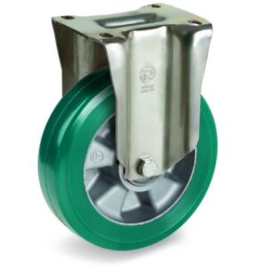 Green Elastic Polyurethane Tyre Bonded to Aluminium Centre, Fixed Top Plate Castor, PT Duty