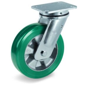 Green Elastic Polyurethane Tyre Bonded to Aluminium Centre, Electro Welded Swivel Top Plate Castor, EE MHD Duty